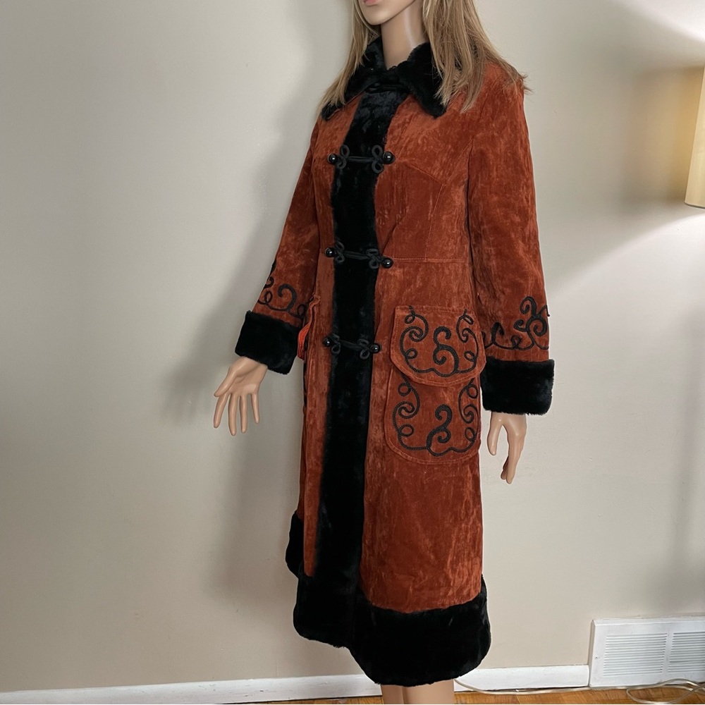 VINTAGE 70s Womens PENNY LANE Orange Crushed Velvet BOHO Jimmy Hendrix LONG COAT - Picture 4 of 8